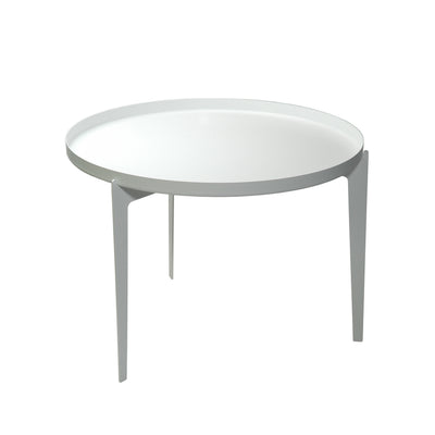 COVO Illusion - Two in One by Minna Niskakangas. A minimalist gray table with a white circular top and four tapered legs.