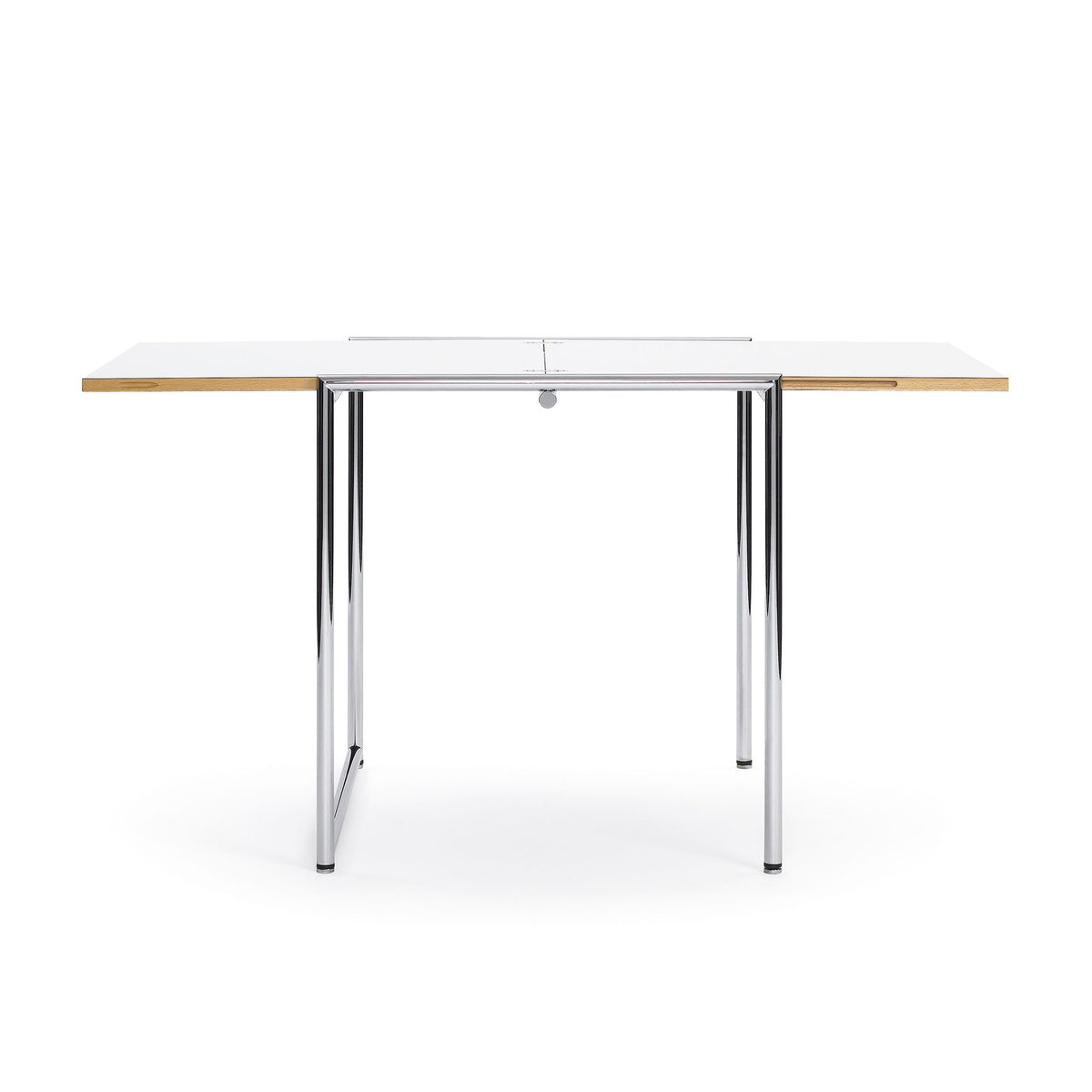 ClassiCon Jean Table by Eileen Gray. A modern table with a white top, chrome legs, and wooden side extensions.