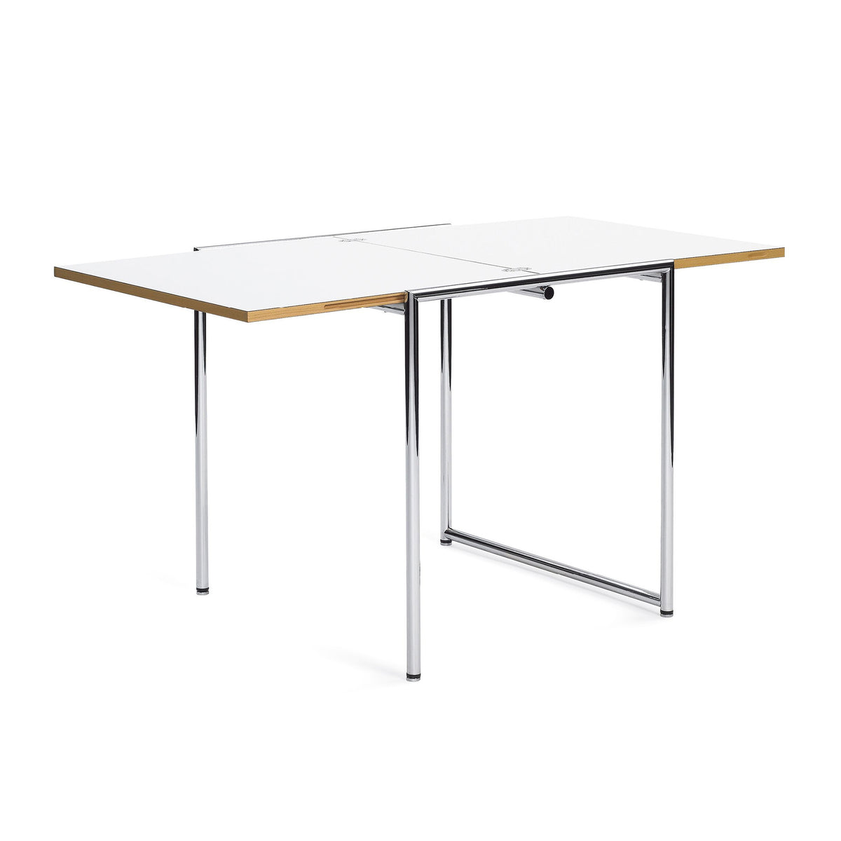 ClassiCon Jean Table by Eileen Gray. A folding table with a white top, wood trim, and chrome metal legs.