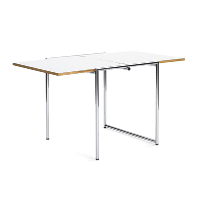 ClassiCon Jean Table by Eileen Gray. A folding table with a white top, wood trim, and chrome metal legs.