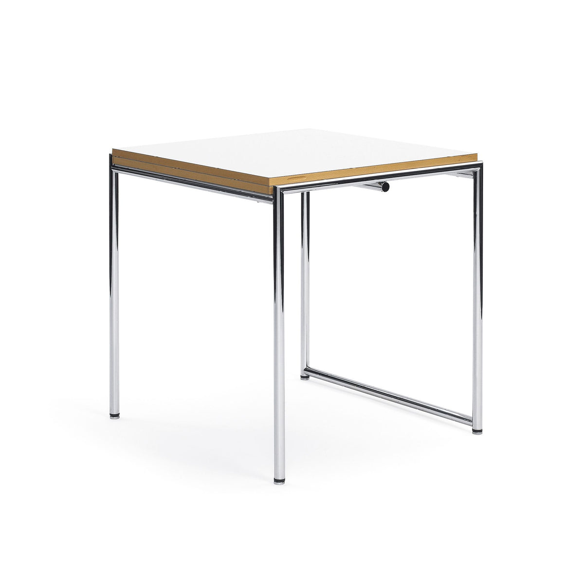 ClassiCon Jean Table by Eileen Gray. A compact table with a white top, wooden edge trim, and polished metal legs.