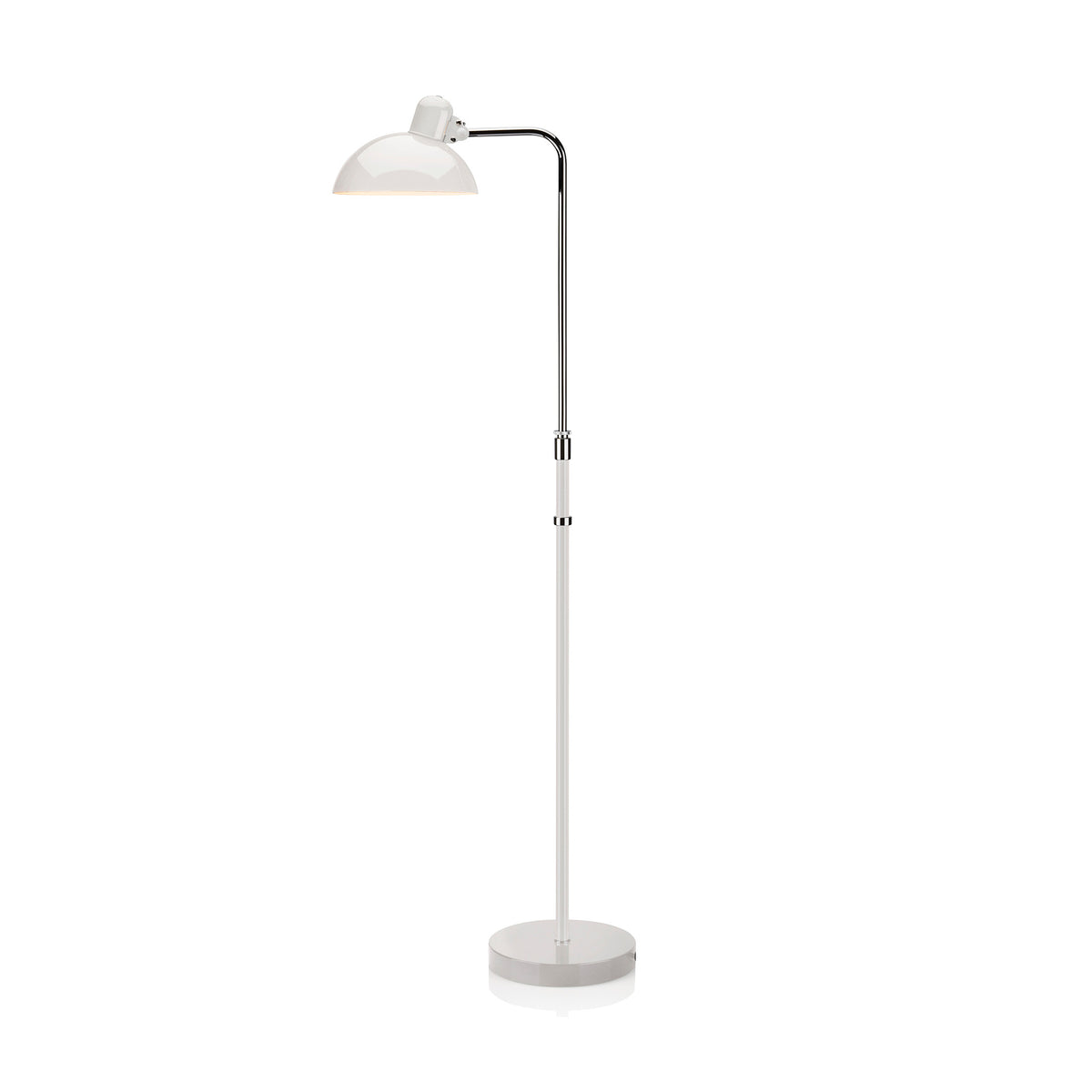 Fritz Hansen Kaiser Idell™ Floor Lamp by Christian Dell. A white dome-shaped lamp on a tall metal stand with a curved arm.