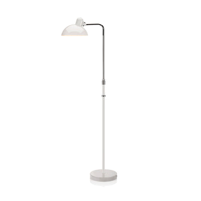 Fritz Hansen Kaiser Idell™ Floor Lamp by Christian Dell. A white dome-shaped lamp on a tall metal stand with a curved arm.