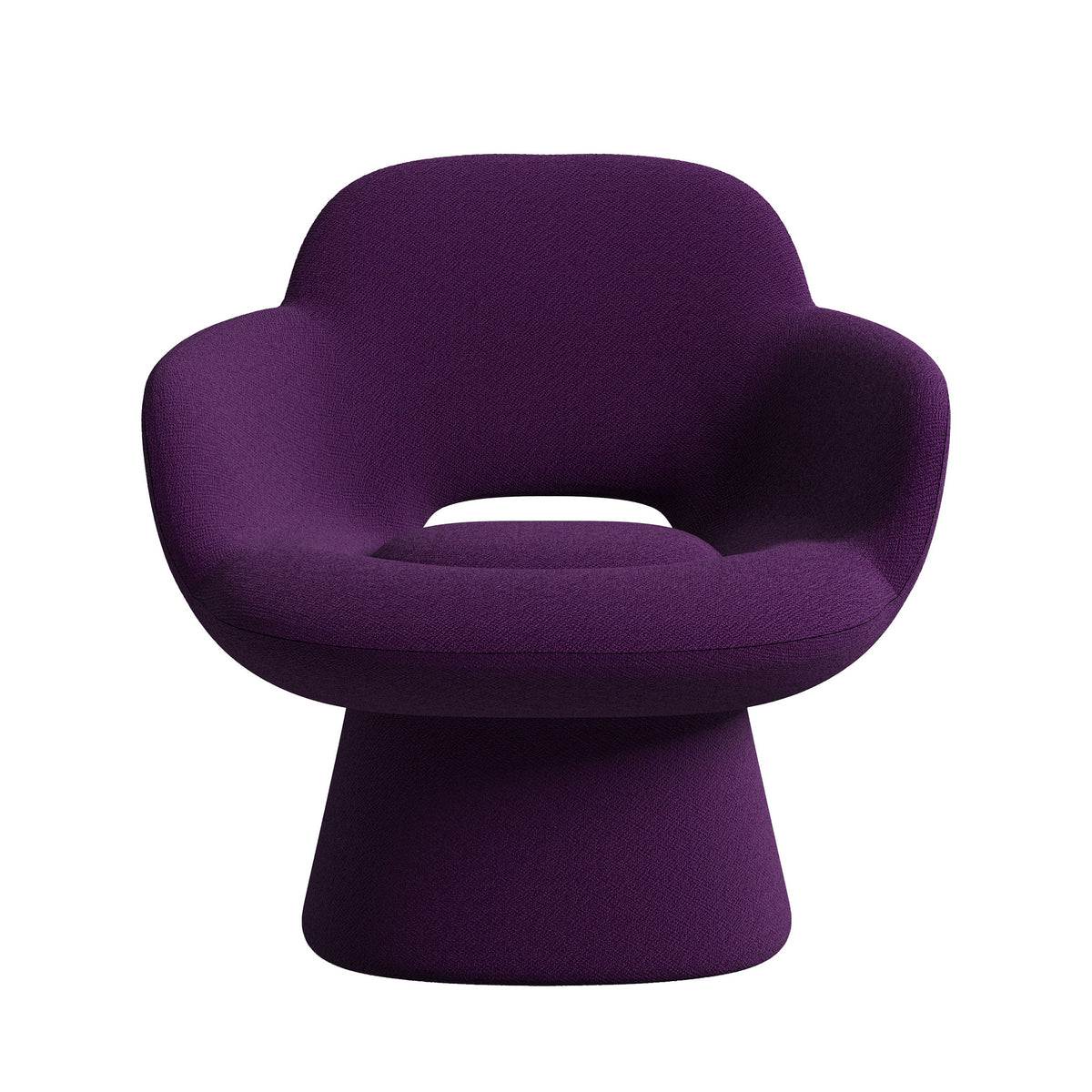 Cappellini Kwado by Sebastian Herkner. A plush purple armchair with a curved, modern design sits against a white background.