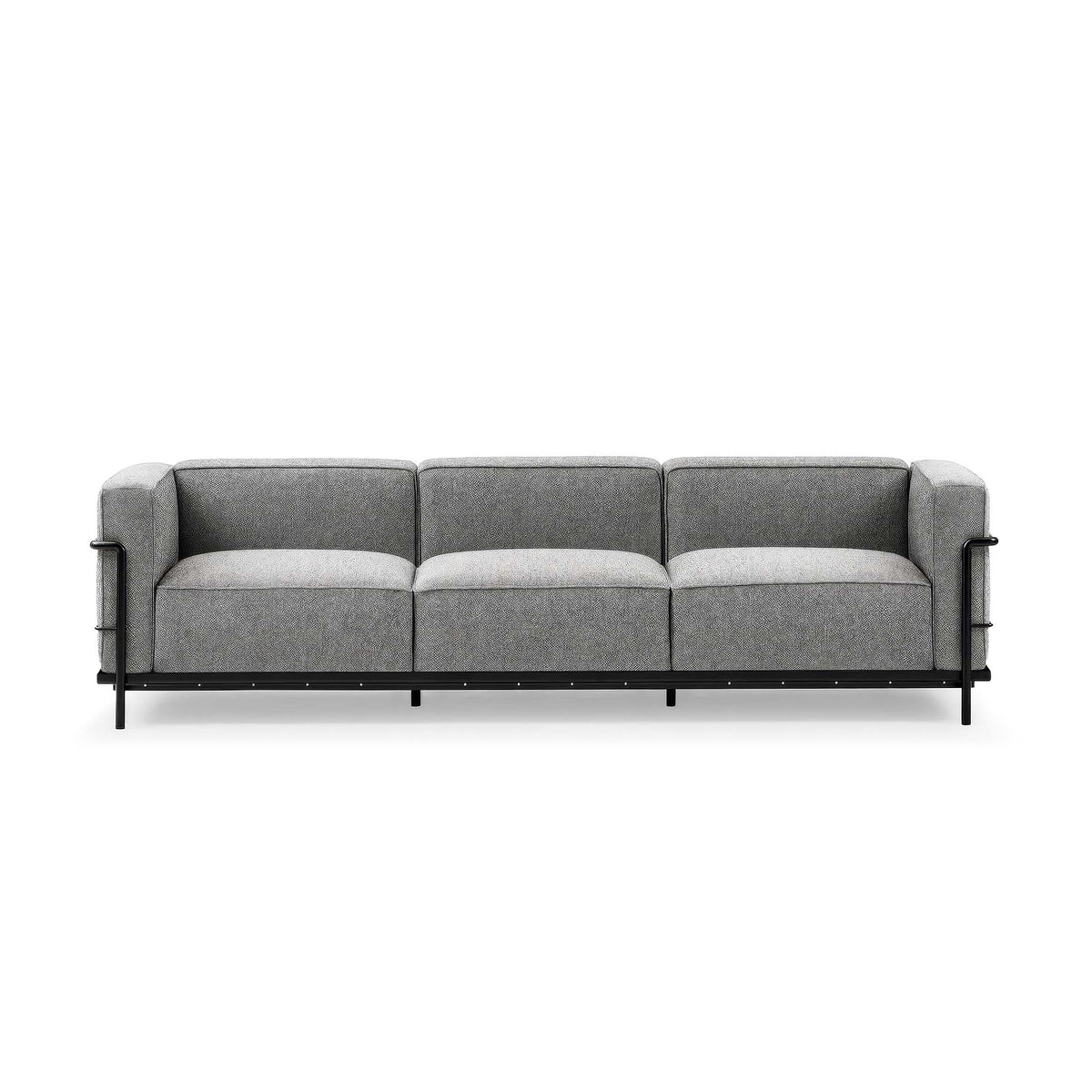 Cassina LC3 3 Seat Sofa by Le Corbusier. A modern gray upholstered sofa with black metal frame and armrests.