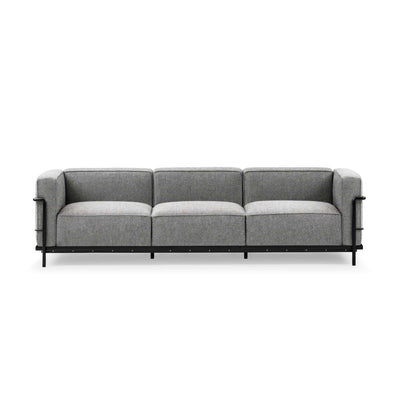 Cassina LC3 3 Seat Sofa by Le Corbusier. A modern gray upholstered sofa with black metal frame and armrests.