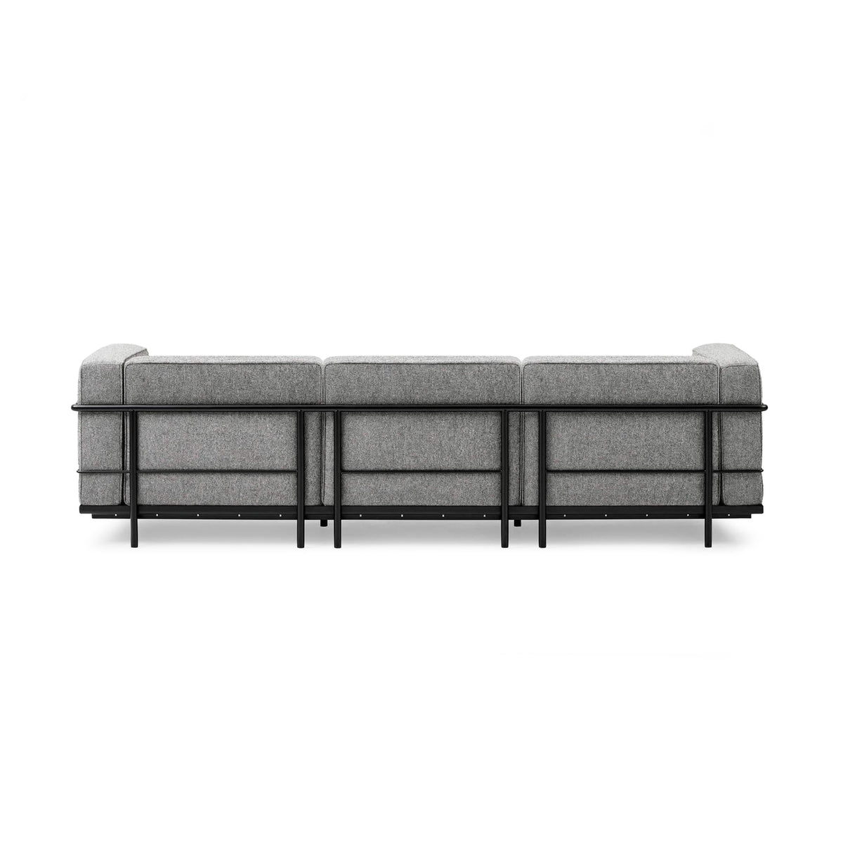 Cassina LC3 3 Seat Sofa by Le Corbusier. A gray upholstered modular sofa with black metal frame and armrests.