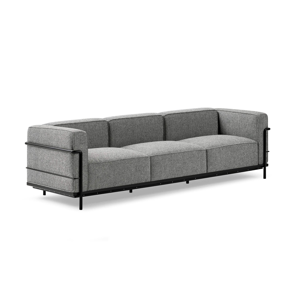 Cassina LC3 3 Seat Sofa by Le Corbusier. A gray upholstered sofa features a black metal frame and geometric cushioned design.