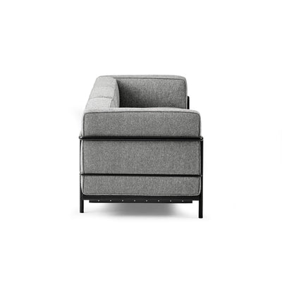 Cassina LC3 3 Seat Sofa by Le Corbusier. Gray upholstered chair with black metal frame and legs.