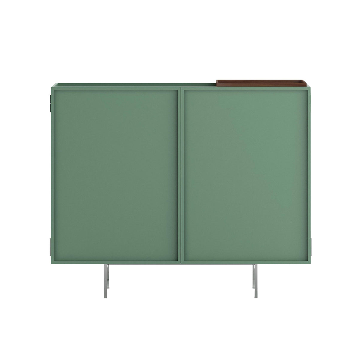 Cappellini Lochness Cabinet by Piero Lissoni. A sage green cabinet with two doors and metal legs stands alone.