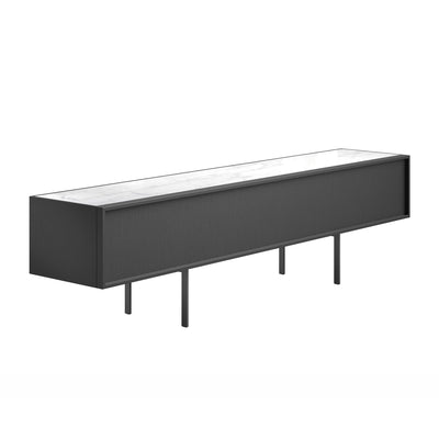 Cappellini Lochness Cabinet by Piero Lissoni. A sleek black sideboard with a white marble top sits on thin metal legs.
