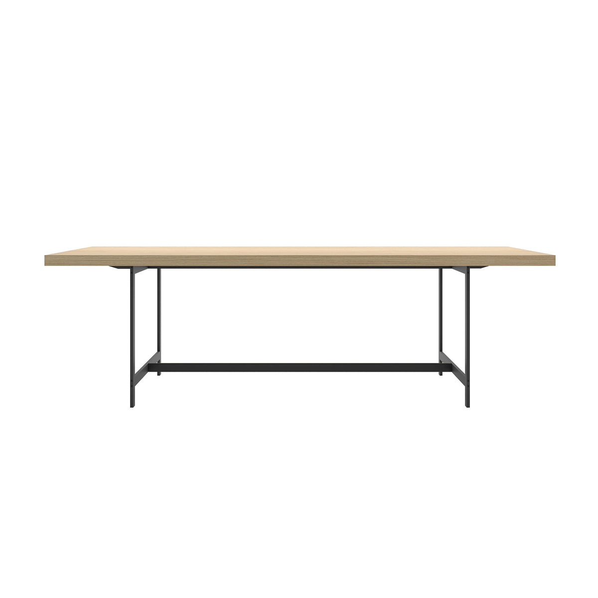 Cappellini Lochness Table by Piero Lissoni. A wooden table with a natural finish sits on a dark metal frame.