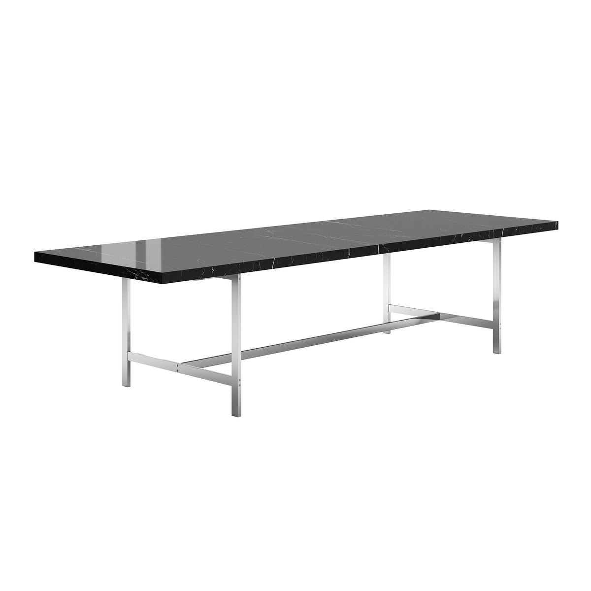 Cappellini Lochness Table by Piero Lissoni. A sleek black marble tabletop rests on a minimalist stainless steel frame.