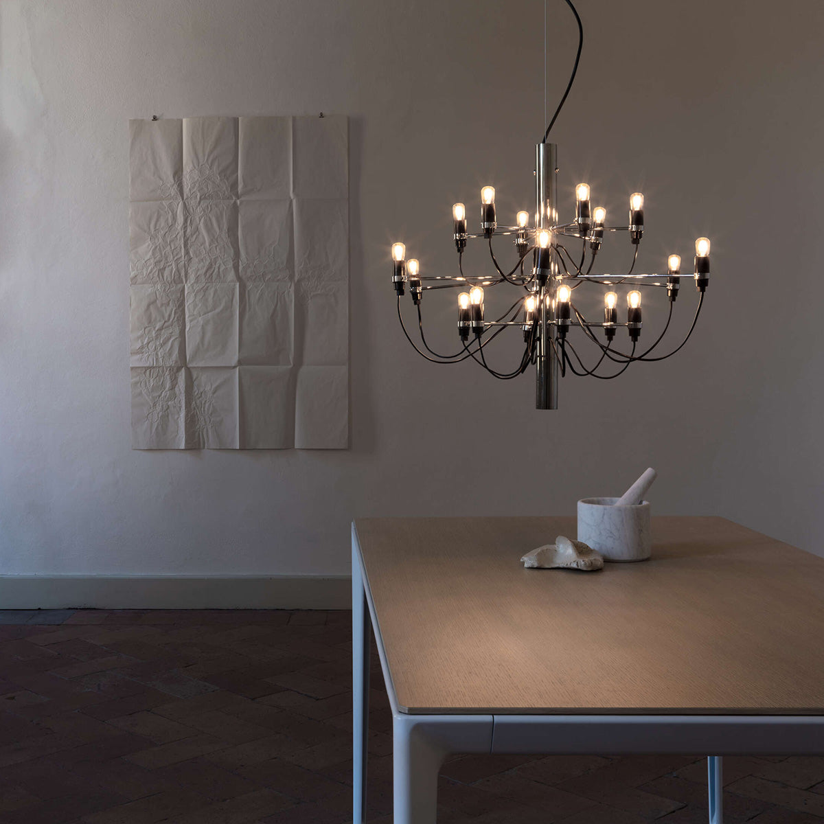 Chrome / Mobile / 2097-18 UL Chandelier, designed by Gino Sarfatti made by Flos