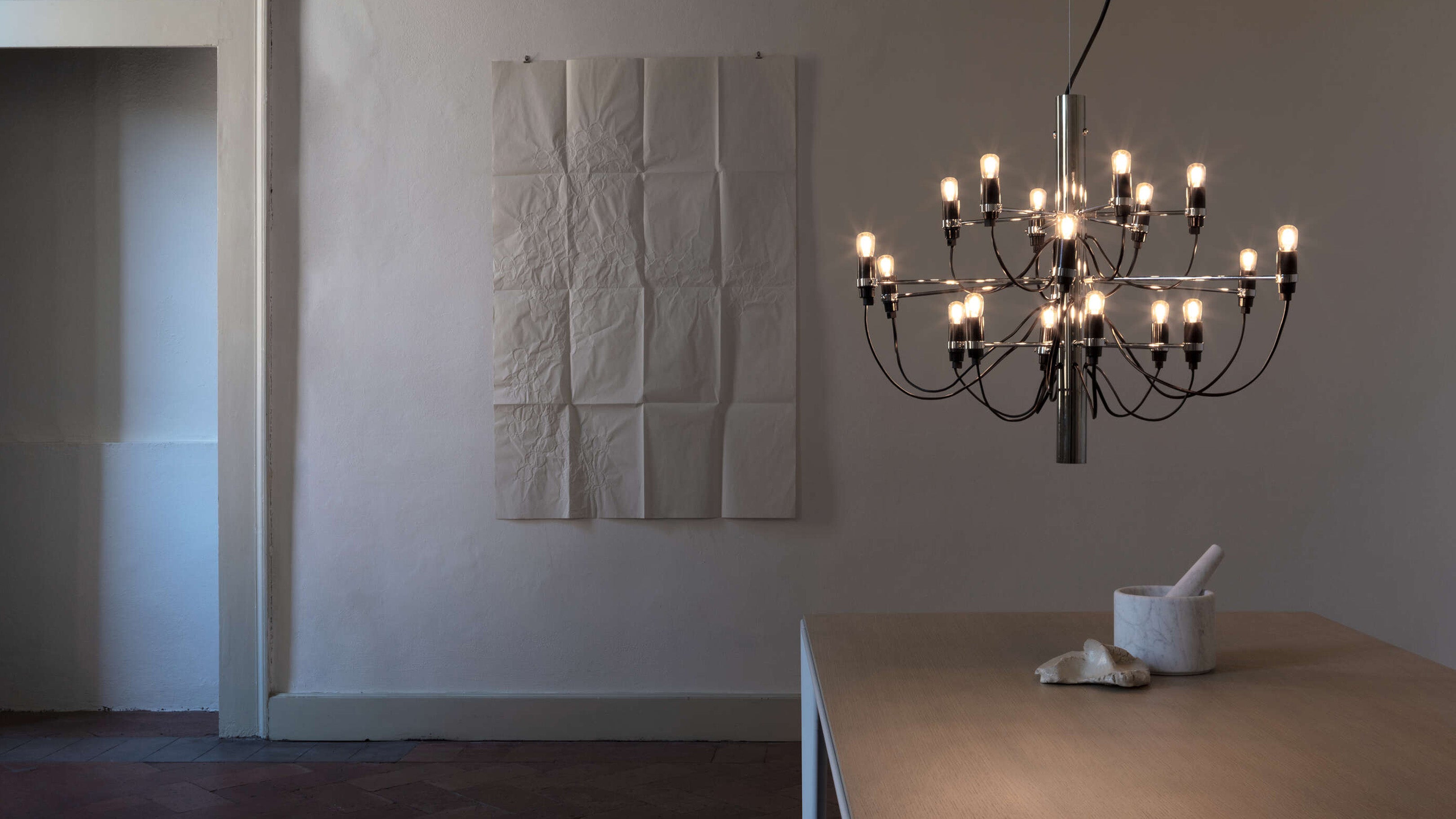 Chrome / Desktop / 2097-18 UL Chandelier, designed by Gino Sarfatti made by Flos