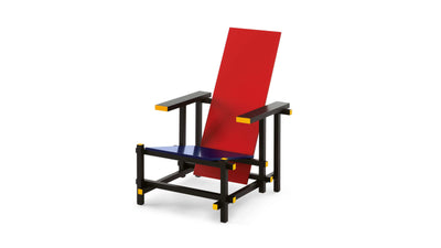 Desktop / Red and Blue Chair, designed by Gerrit T. Rietvelda nd made by Cassina