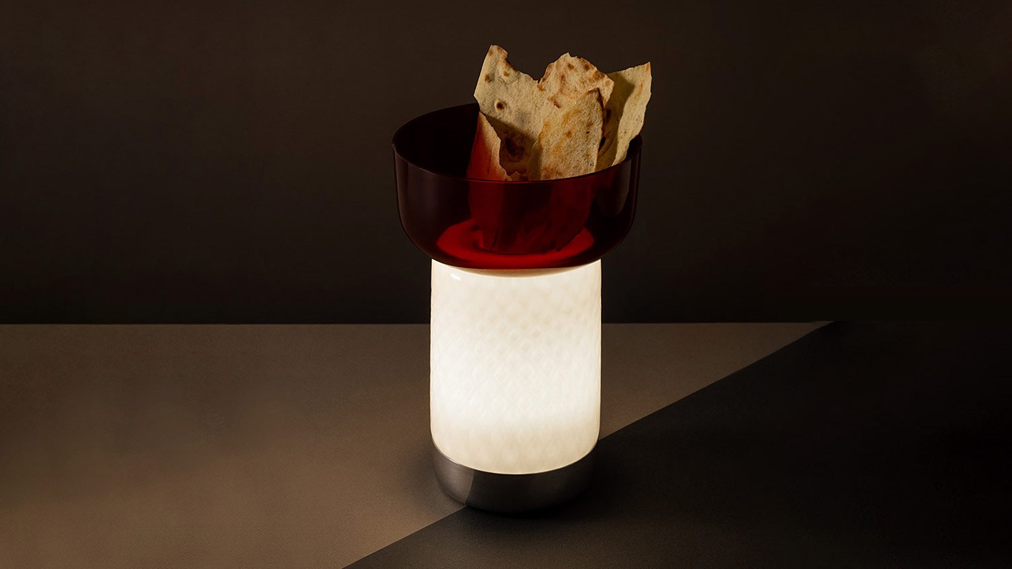 Red / Desktop / Artemide Bonta Lamp + Bowl, designed by Attila Veress and Davide Oldani