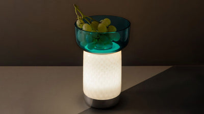 Turquoise / Desktop / Artemide Bonta Lamp + Bowl, designed by Attila Veress and Davide Oldani