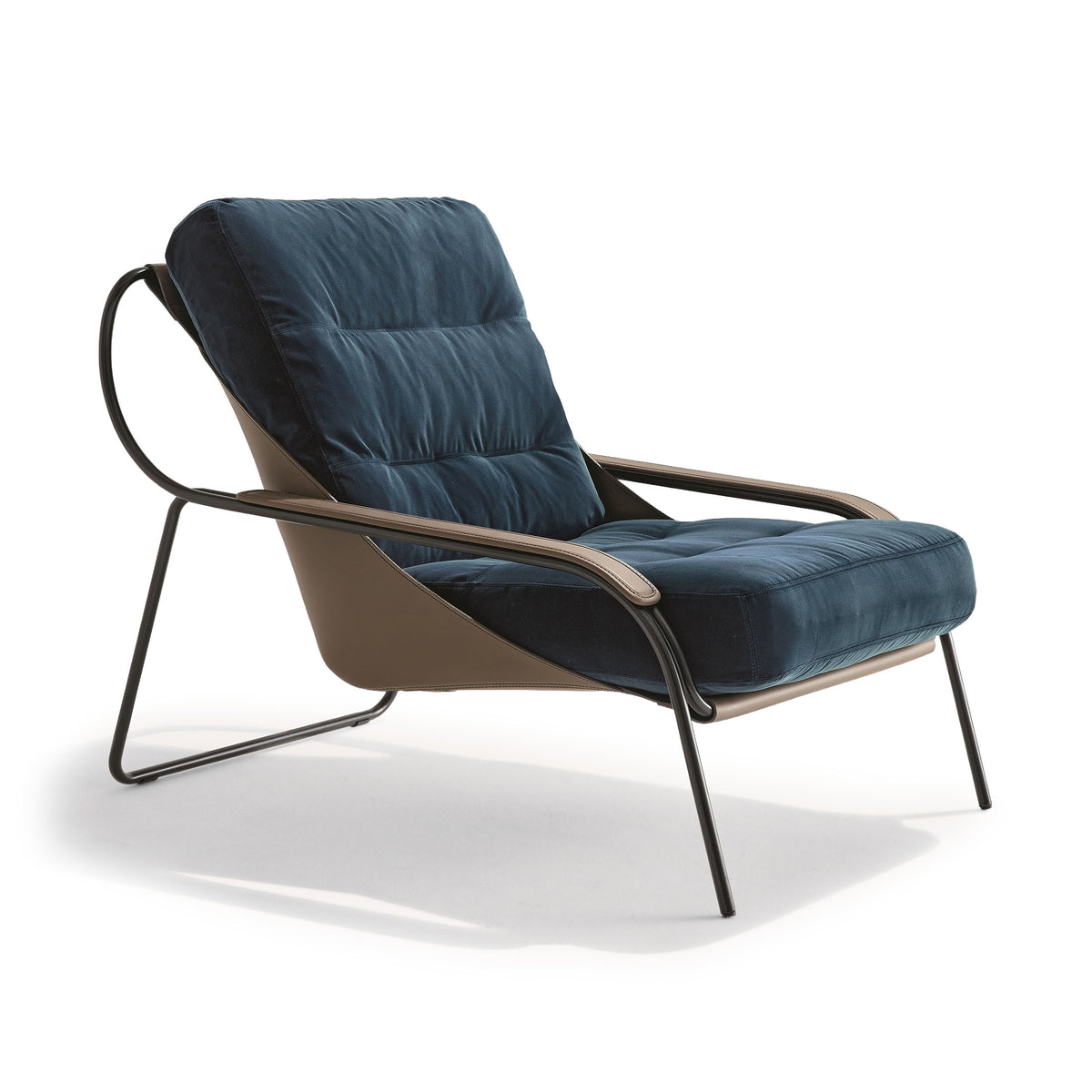 Zanotta Maggiolina by Marco Zanuso. A modern lounge chair with dark blue upholstery and taupe frame.