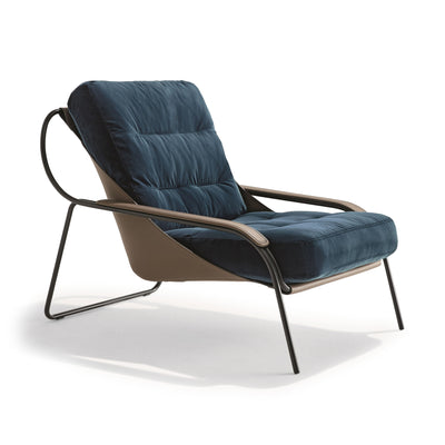 Zanotta Maggiolina by Marco Zanuso. A modern lounge chair with dark blue upholstery and taupe frame.