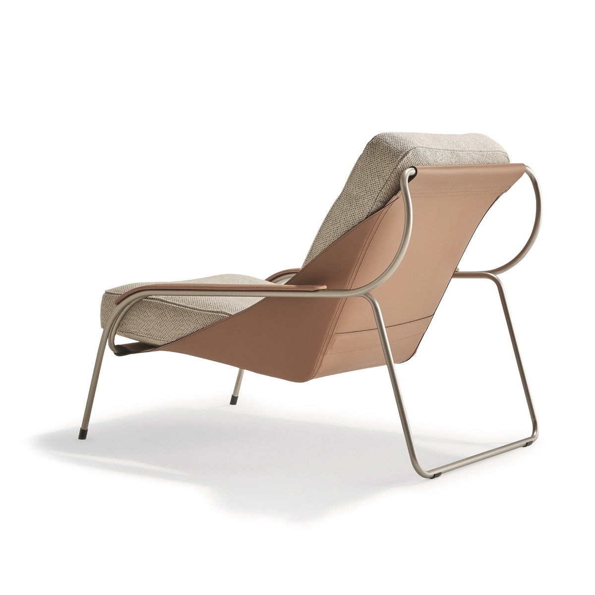 Zanotta Maggiolina by Marco Zanuso. A modern lounge chair with taupe leather and cream fabric upholstery on a metal frame.