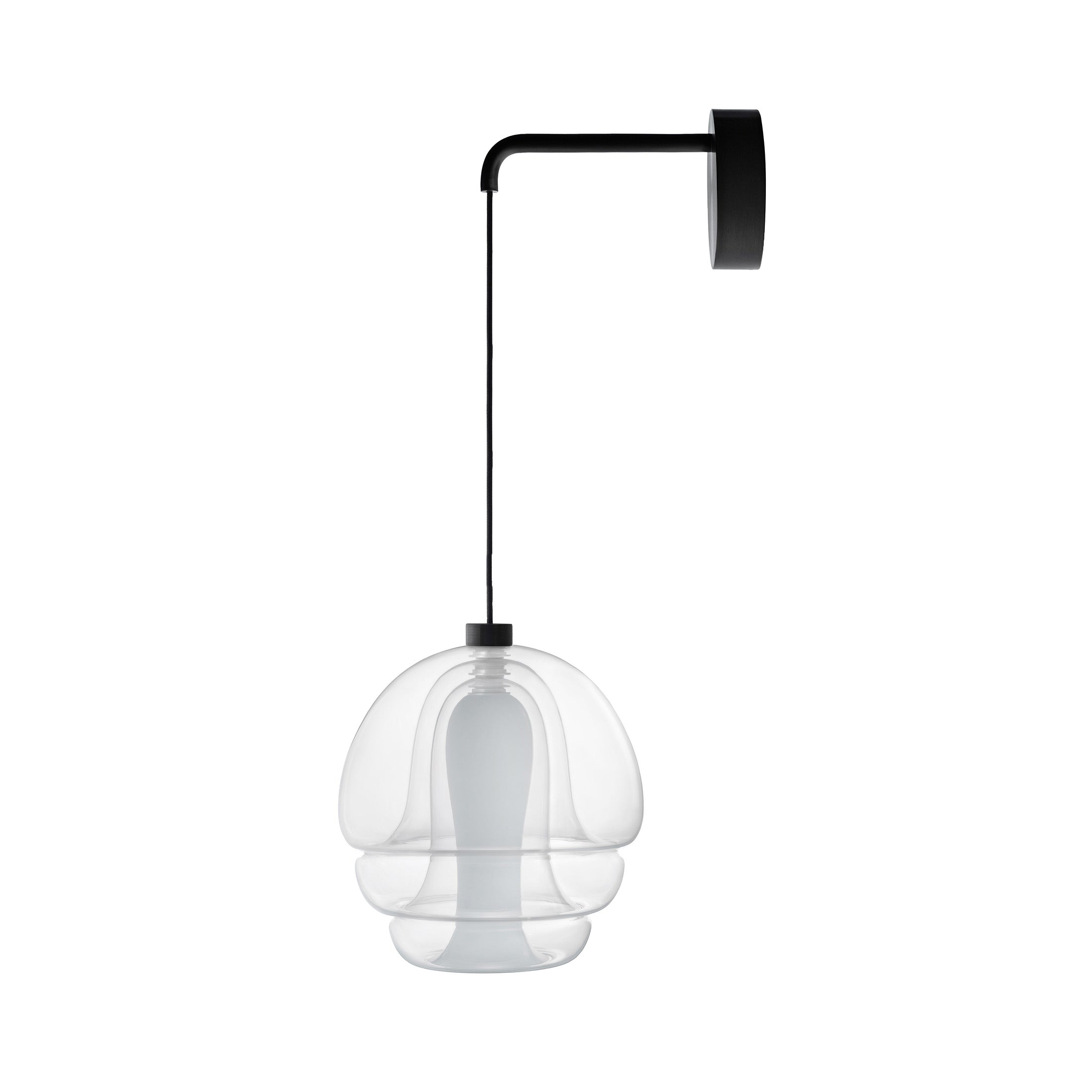 Established & Sons Medusa Wall Lamp by Carlo Nason. A modern black metal fixture suspends a clear glass dome pendant.