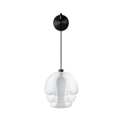 Established & Sons Medusa Wall Lamp by Carlo Nason. A clear glass pendant hangs from a black cord and canopy.
