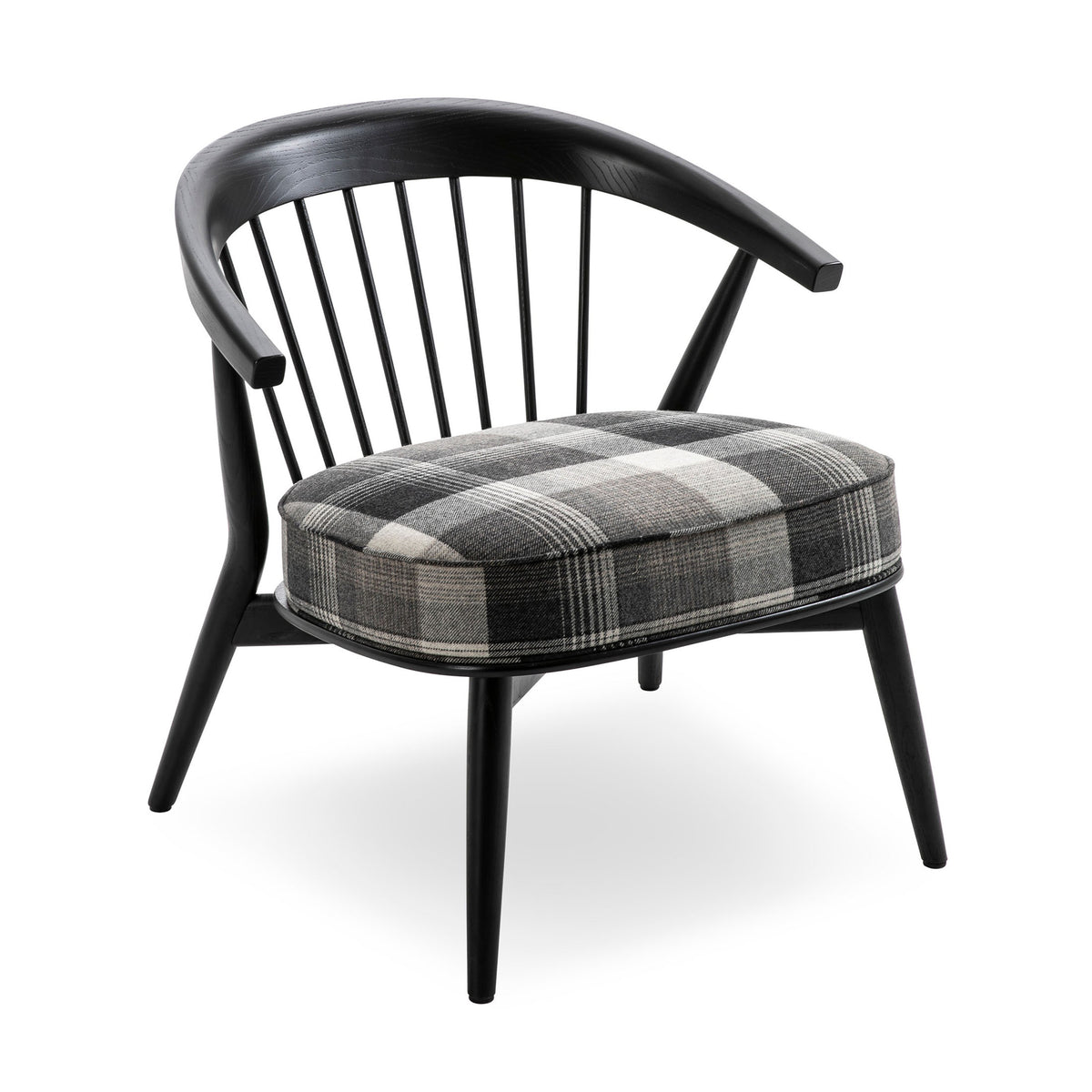 Cappellini Newood Relax by BrogliatoTraverso. Black wood chair with plaid gray and cream cushion seat.