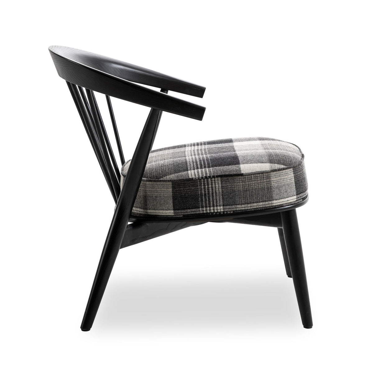 Cappellini Newood Relax by BrogliatoTraverso. Black wooden chair with plaid gray and white upholstered seat.