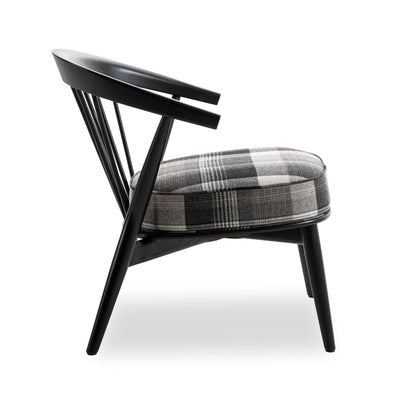 Cappellini Newood Relax by BrogliatoTraverso. Black wooden chair with plaid gray and white upholstered seat.