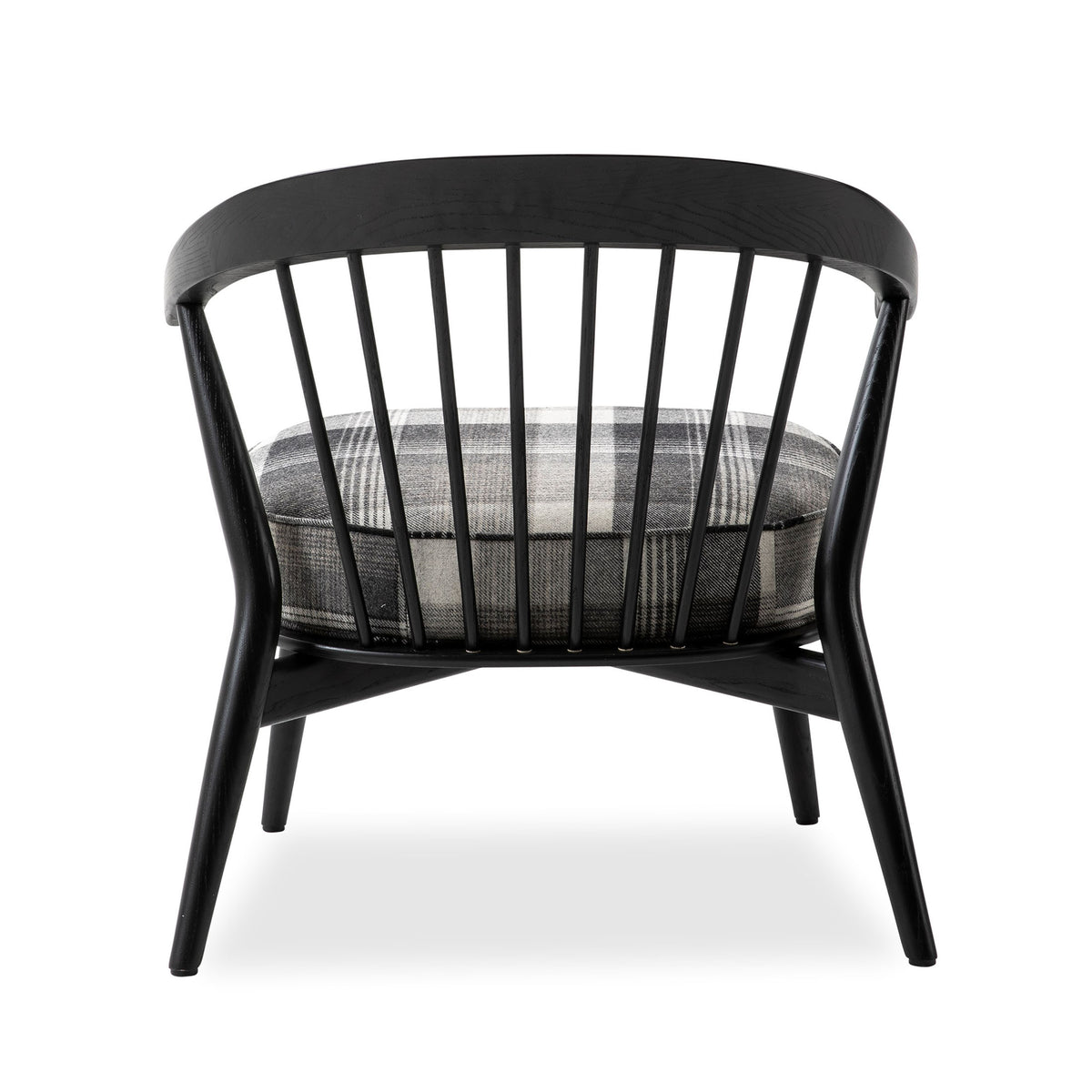 Cappellini Newood Relax by BrogliatoTraverso. Black wooden chair with gray striped cushion and vertical spindle back design.