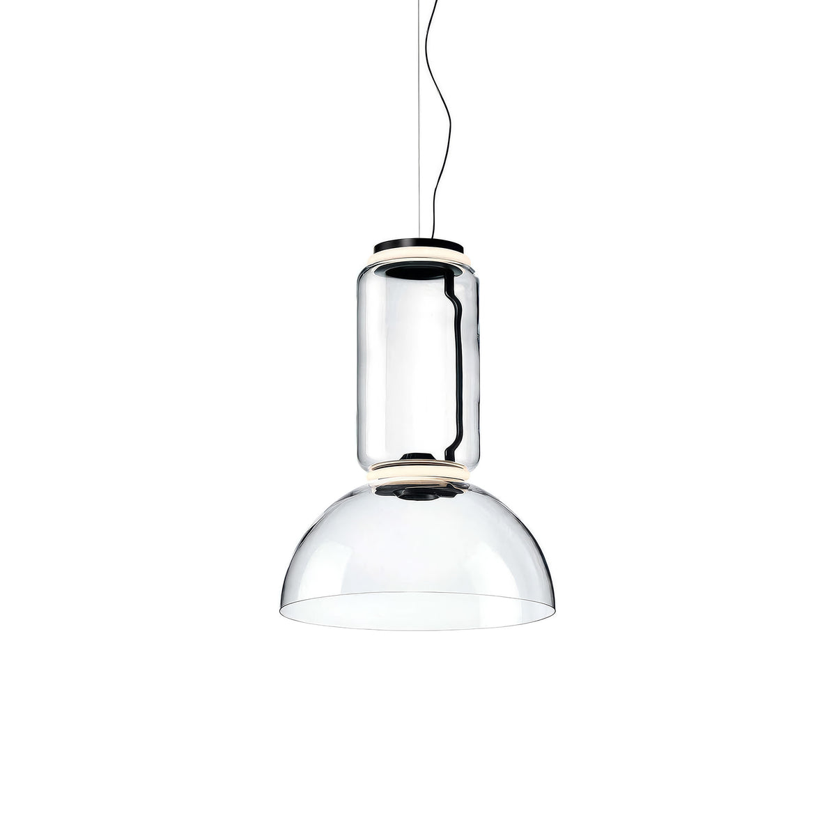Flos Noctambule Suspension 1 Low Cylinder Bowl by Konstantin Grcic. Clear glass pendant with black metal accents.