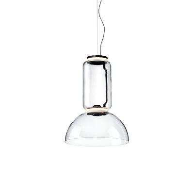 Flos Noctambule Suspension 1 Low Cylinder Bowl by Konstantin Grcic. Clear glass pendant with black metal accents.
