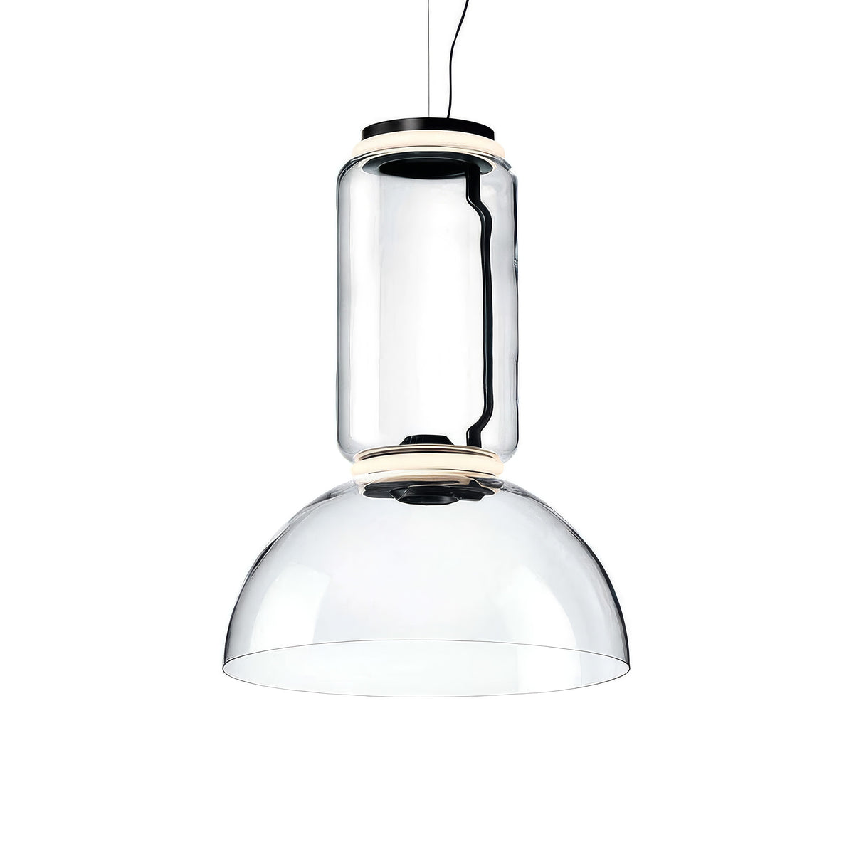 Flos Noctambule Suspension 1 Low Cylinder Bowl by Konstantin Grcic. Clear glass pendant lamp with black metal accents.