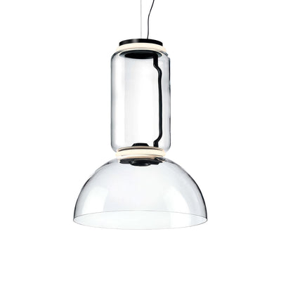 Flos Noctambule Suspension 1 Low Cylinder Bowl by Konstantin Grcic. Clear glass pendant lamp with black metal accents.