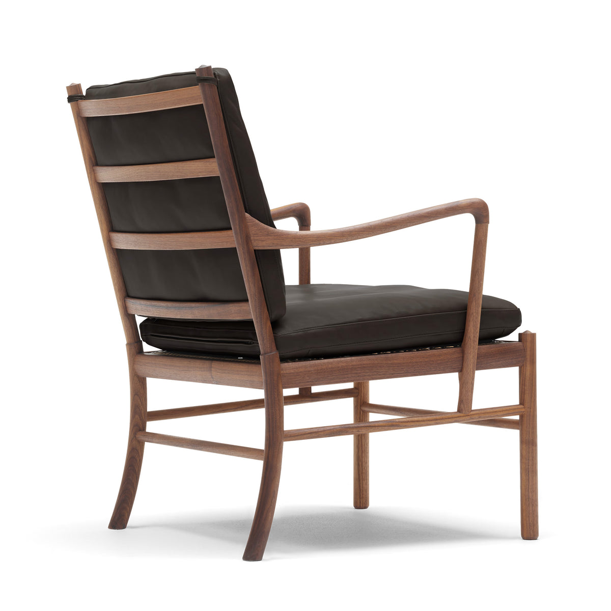 Carl Hansen & Søn OW149 Colonial Chair by Ole Wanscher. Wood frame chair with black leather seat and back.