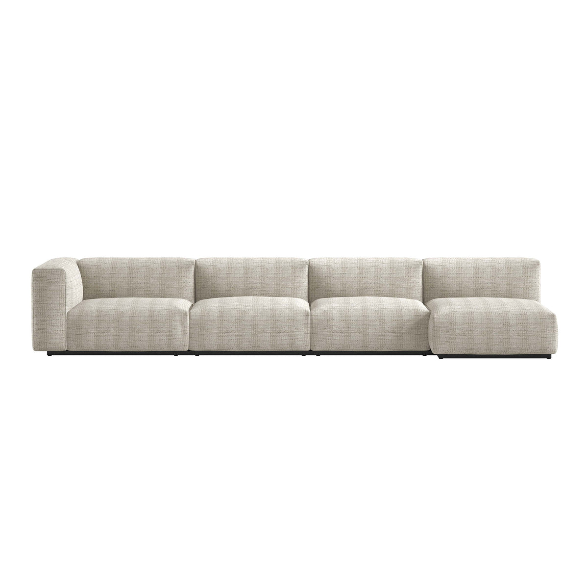 Cappellini Oblong Plus by Jasper Morrison. A long beige upholstered sectional sofa with plush cushions.