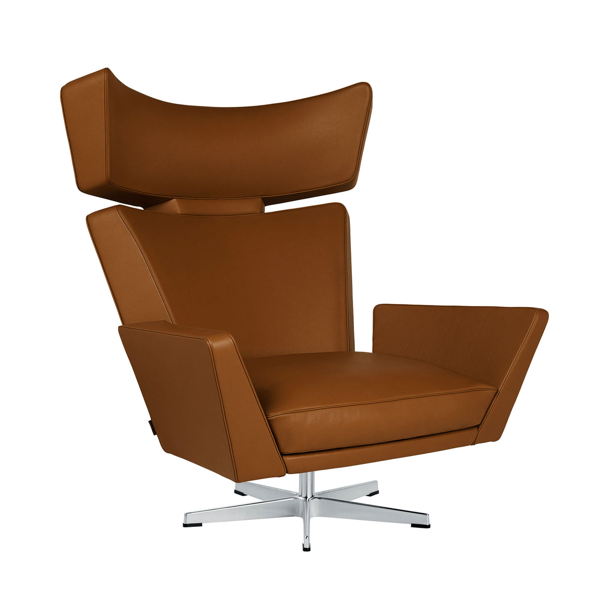 Fritz Hansen Oksen™ Armchair 4201 by Arne Jacobsen. A brown leather armchair with a high backrest and metal base.