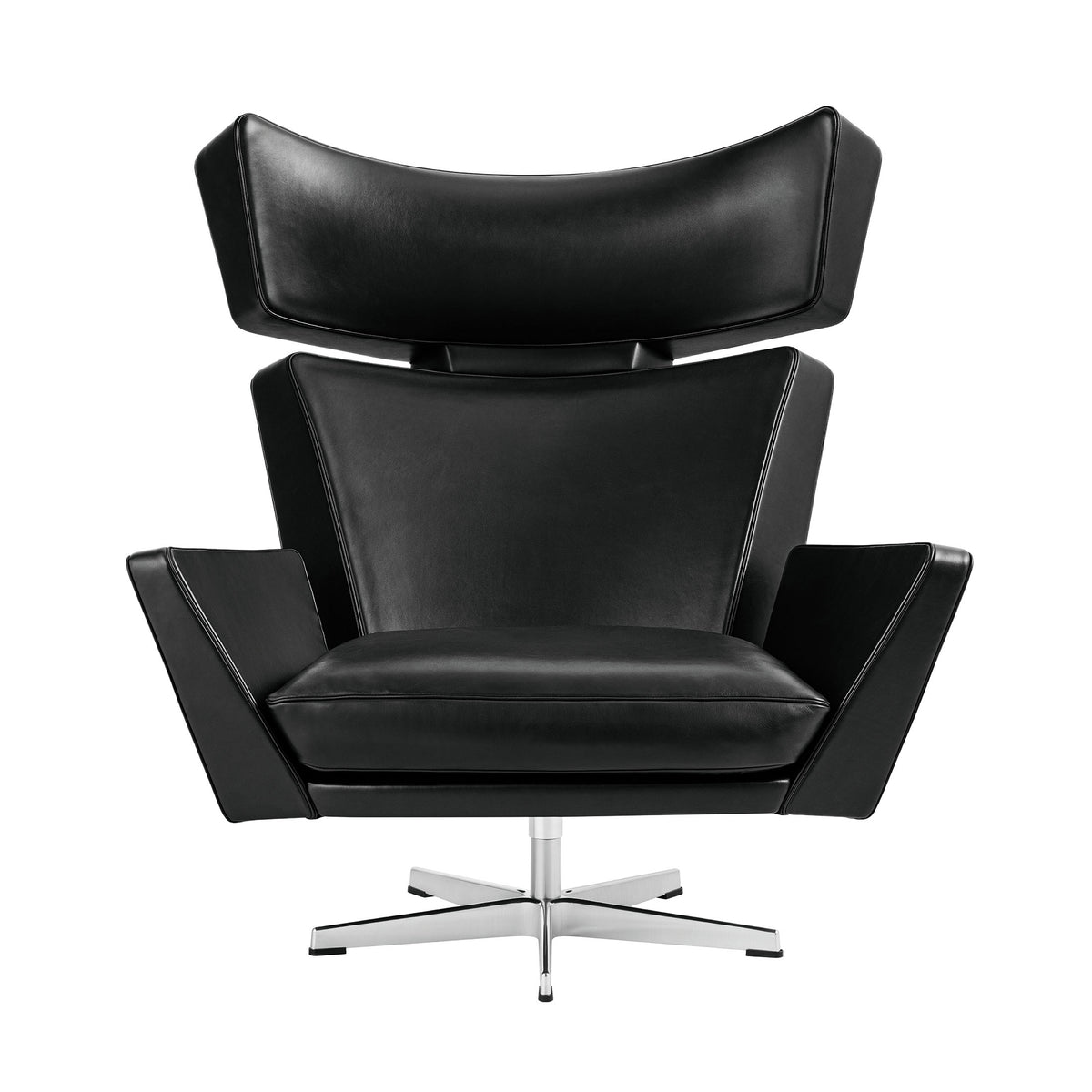 Fritz Hansen Oksen™ Armchair 4201 by Arne Jacobsen. Black leather chair with winged backrest and metal base.