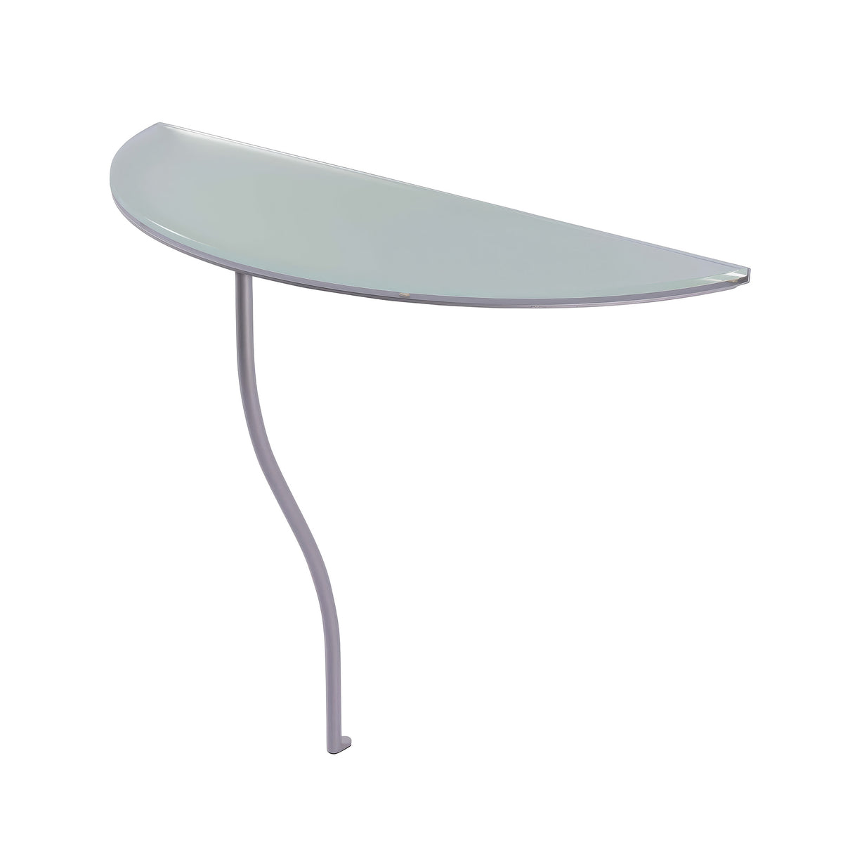 Cappellini One Legged Table by Jasper Morrison. A sleek glass tabletop with curved edges sits on a single metal support leg.