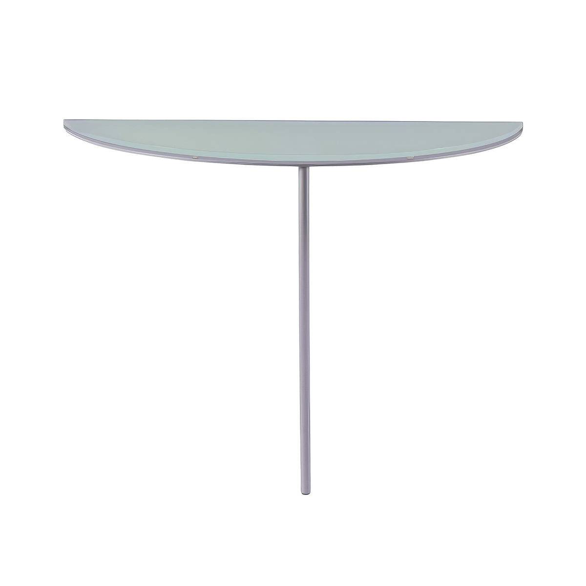 Cappellini One Legged Table by Jasper Morrison. A sleek glass tabletop with a curved edge sits atop a silver metal pedestal.