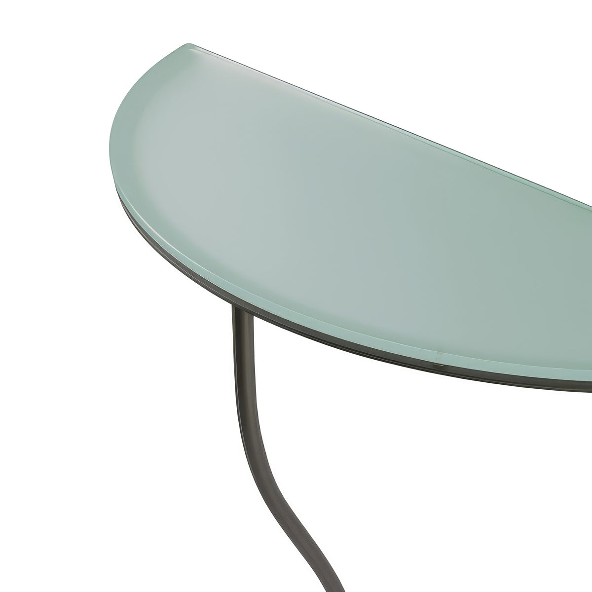 Cappellini One Legged Table by Jasper Morrison. A curved frosted glass surface sits atop a sleek dark metal support leg.