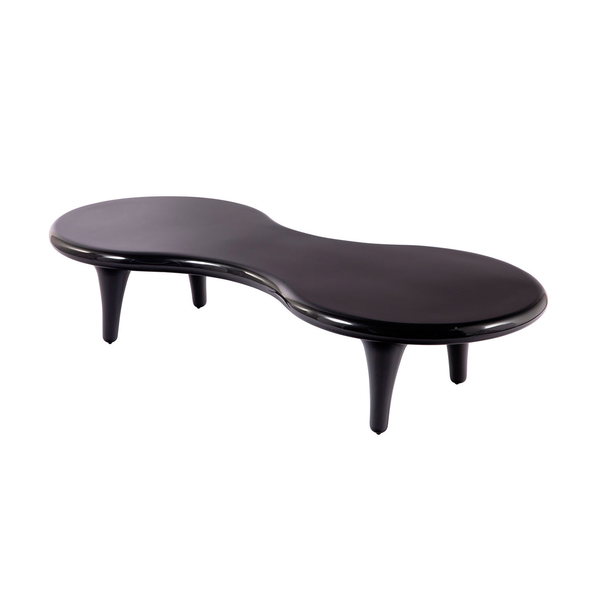 Cappellini Orgone Table by Marc Newson. A sleek black curved table with a glossy finish and tapered legs.