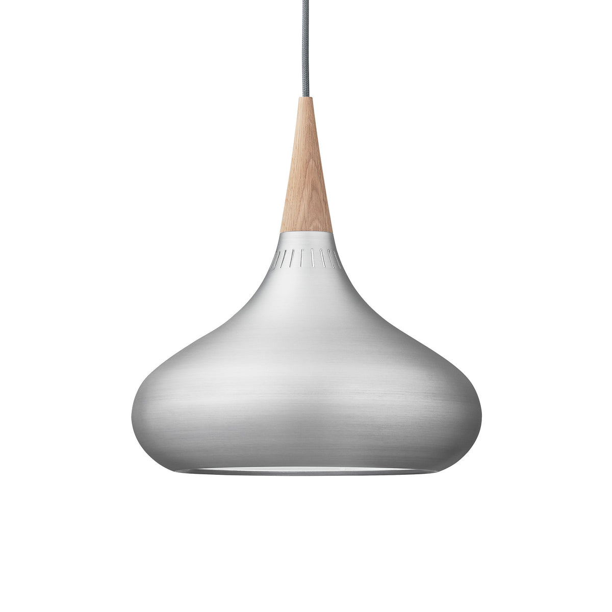 Fritz Hansen Orient™ Pendant - P2, Ø 340 mm by Jo Hammerborg. Brushed metal dome with natural wood accent and cord.