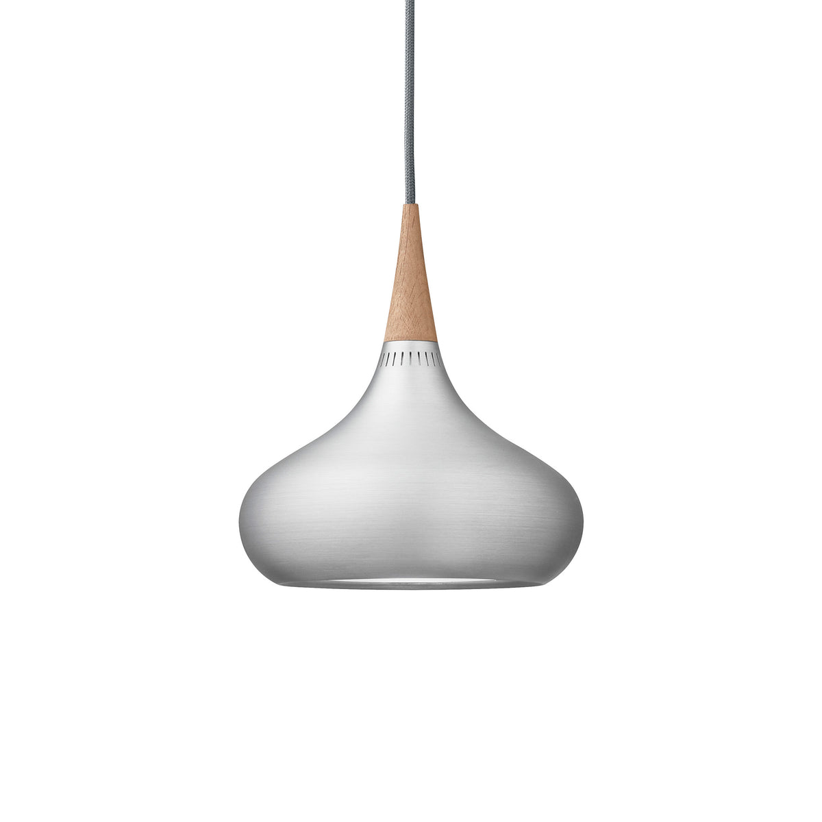 Fritz Hansen Orient™ Pendant - P2, Ø 340 mm by Jo Hammerborg. Brushed metal pendant with wooden accent details.