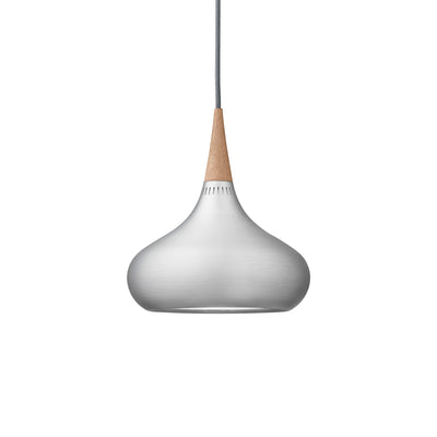 Fritz Hansen Orient™ Pendant - P2, Ø 340 mm by Jo Hammerborg. Brushed metal pendant with wooden accent details.