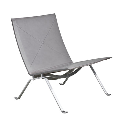 Fritz Hansen PK22™ Lounge Chair by Poul Kjaerholm. A modern gray fabric chair with a sleek metal frame.