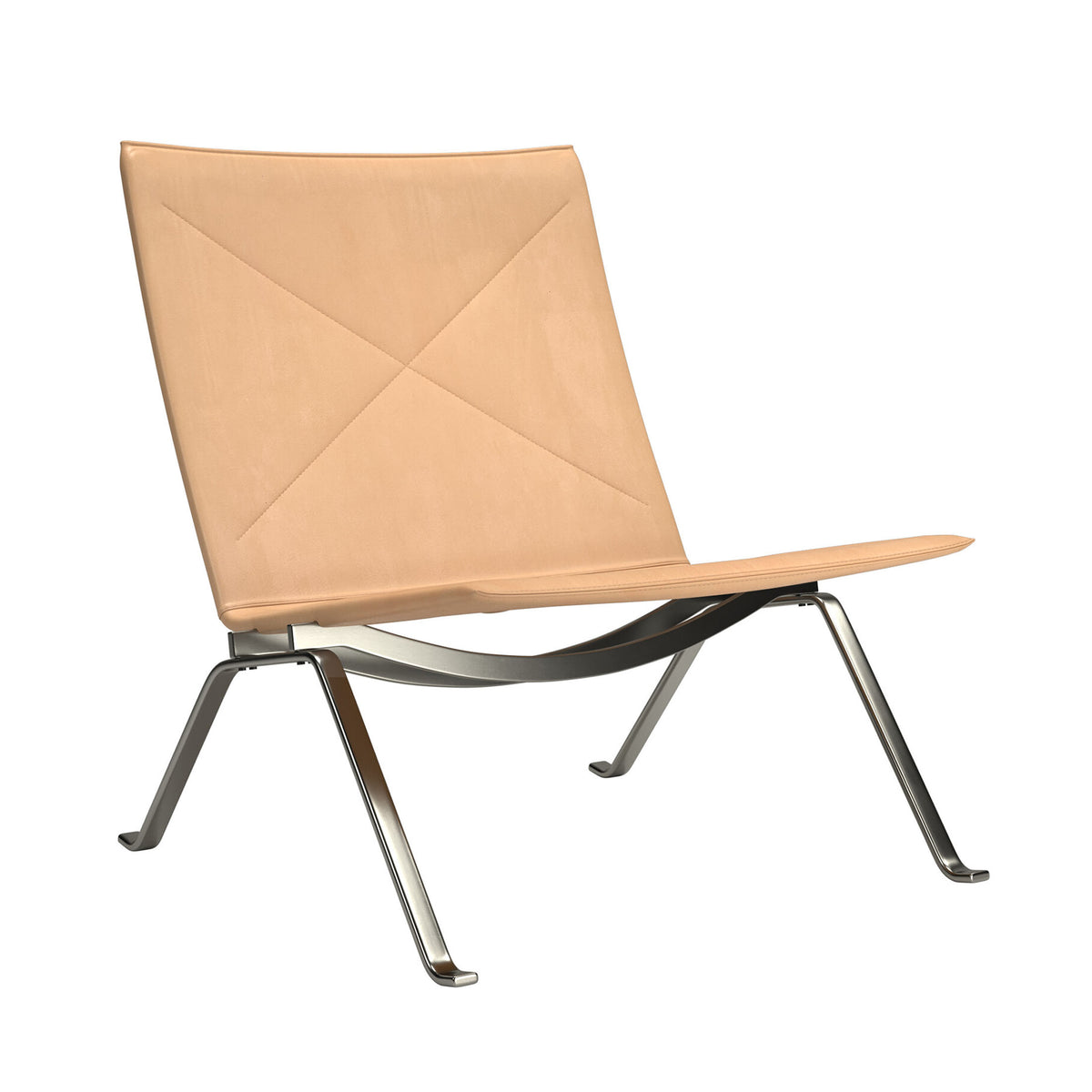 Fritz Hansen PK22™ Lounge Chair by Poul Kjaerholm. A tan leather chair with an X-frame metal base in a modern design.
