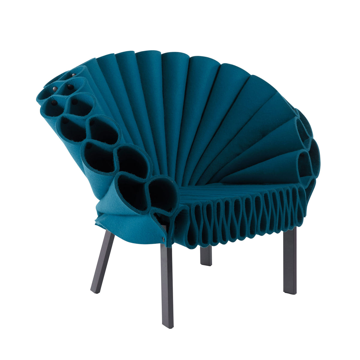 Cappellini Peacock by Dror. A striking teal sculptural seat features organic cutout details and dark wooden legs.