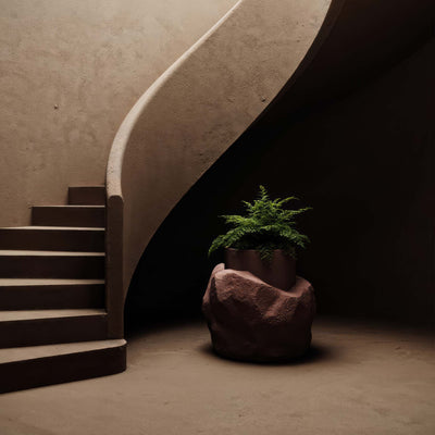 Indigenus Petra by Fernando Mastrangelo. A curved staircase with smooth beige walls frames a potted fern plant.